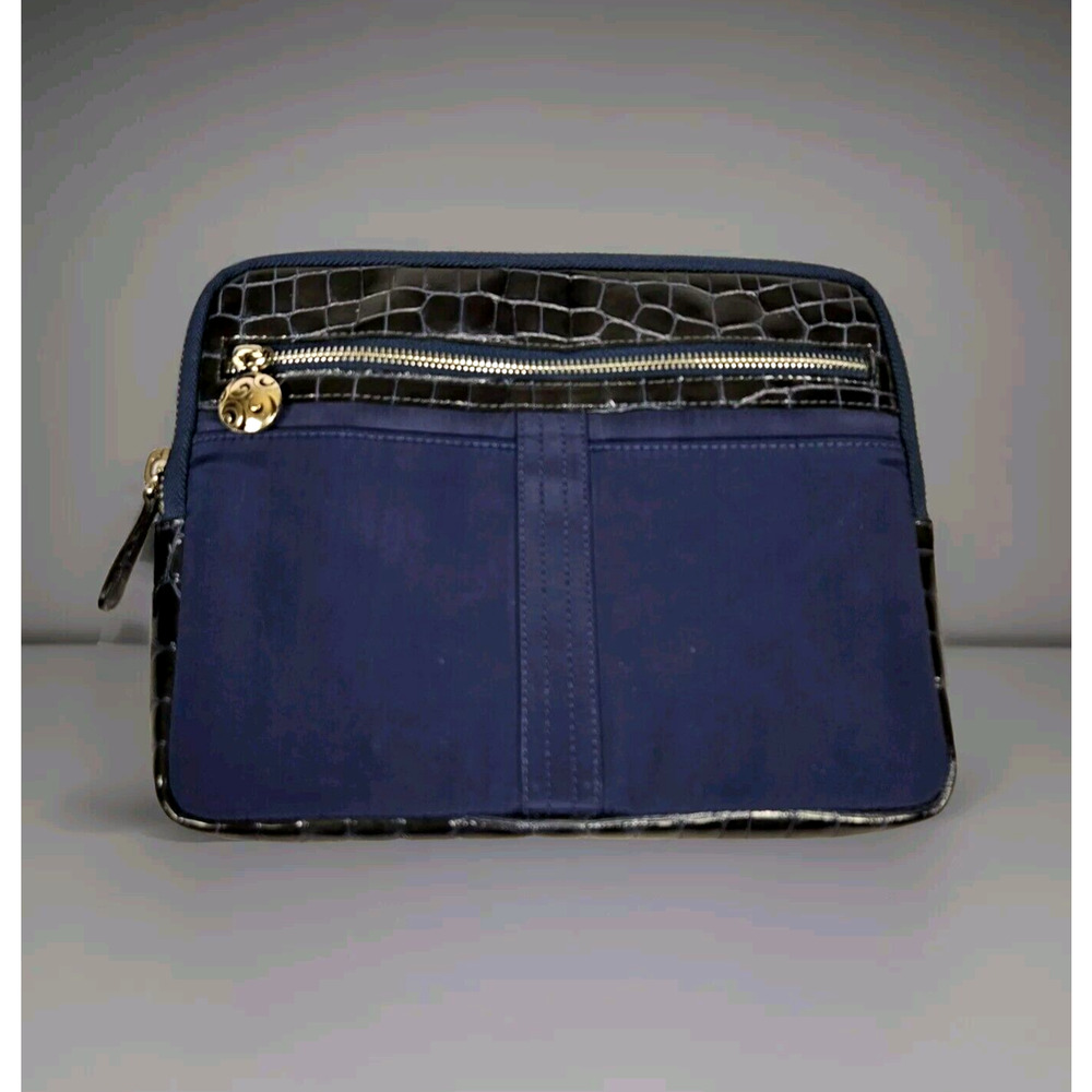 Brighton Nylon Leather Cosmetic Travel Case Clutch Pouch Bag Navy Silver Luxury